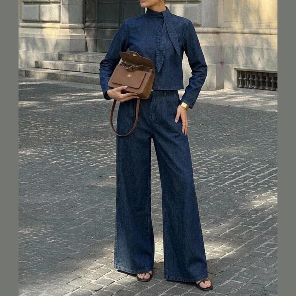 Dark Blue Denim Tie-Neck Top and Wide Leg Pants Pantsuit Set